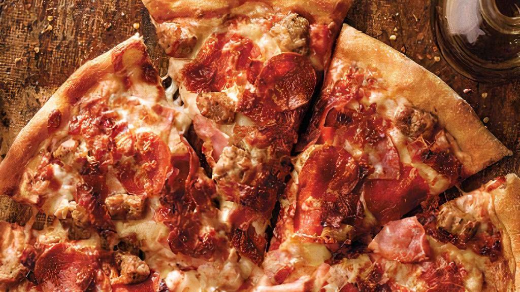 Small All Meat Pizza · 6 slices. Classic pepperoni, ham, Italian sausage, bacon, our signature sauce and 3-cheese blend.