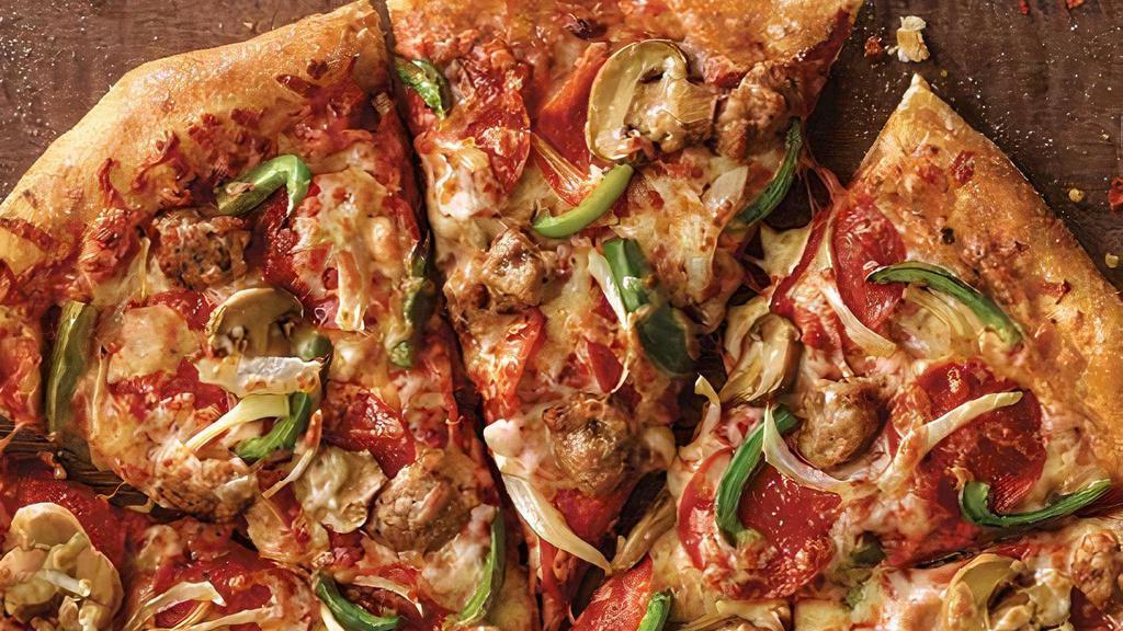 Large Deluxe Pizza · 8 slices. Classic pepperoni, Italian sausage, mushrooms, green peppers, onions, our signature sauce and 3-cheese blend.
