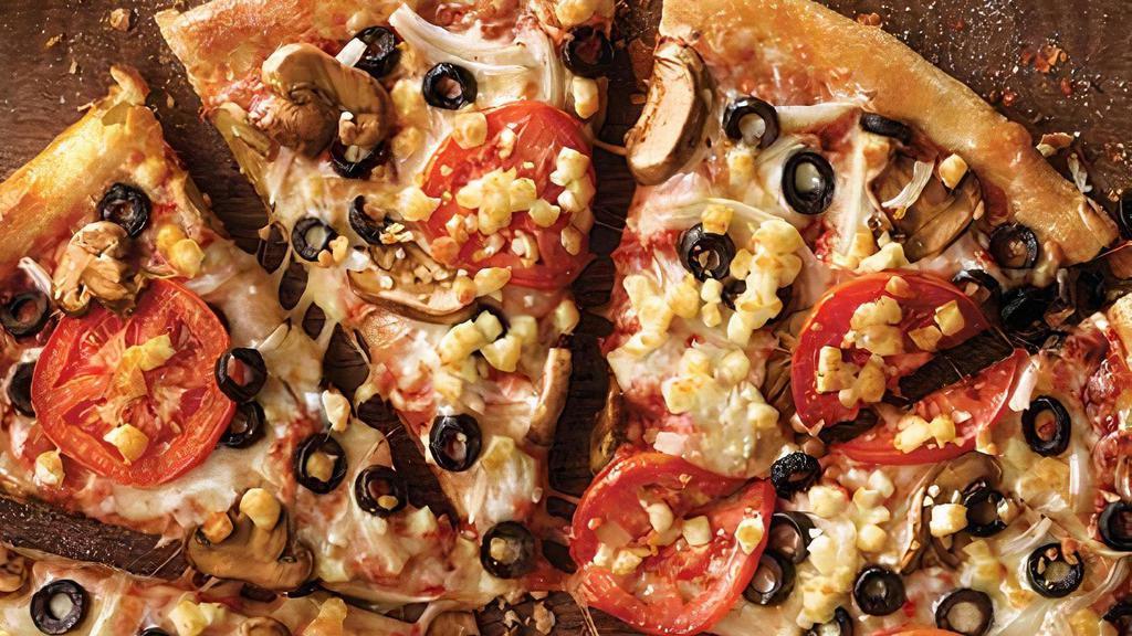 Small Garden Pizza · 6 slices. Mushrooms, black olives, onions, sliced tomatoes, our signature sauce and 3-cheese blend and plus feta.
