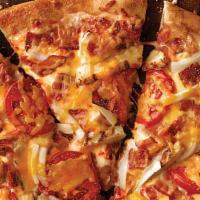 Small Chicken Fresco Pizza · 6 slices. Grilled chicken, bacon, onions, sliced tomatoes, our signature sauce and 3-cheese ...