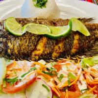 Whole Red Snapper (Fried) · choice of 2 sides.