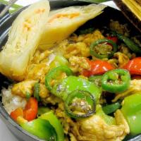 Firecracker Chicken · Spicy. Slices of white meat chicken stir fry with jalapeño, green and red peppers in spicy s...