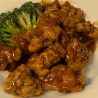 Orange Chicken · Spicy. Chunks of breaded dark meat chicken sauteed with broccoli and orange peels in a zesty...
