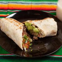 Carne Asada Burrito · Carne asada guacamole and pico de gallo,included rice and beans