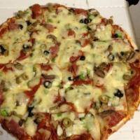 Garbage/Everything · Sausage, pepperoni, Canadian bacon, mushrooms, onions, green peppers, green and black olives.