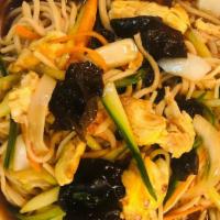 Moo Shu Fried Noodles · Egg, black fungus, Shanghai bok choy, carrot, cucumber.