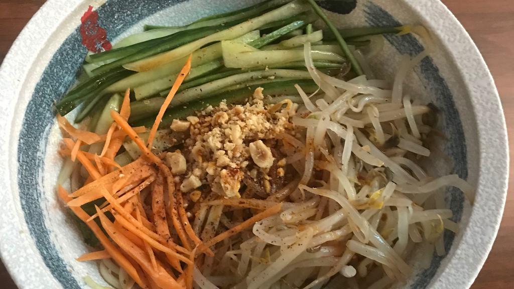 Sichuan Cold Noodles (Spicy) · cucumber, carrot, chilli oil, bean sprout & chopped peanuts.