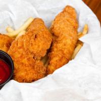 Kids Chicken Tenders · Comes with french fries.