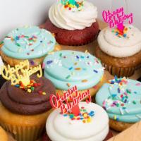 Happy Birthday Dozen Box · A collection of six of our cake batter center-filled cupcakes and six of our classic 