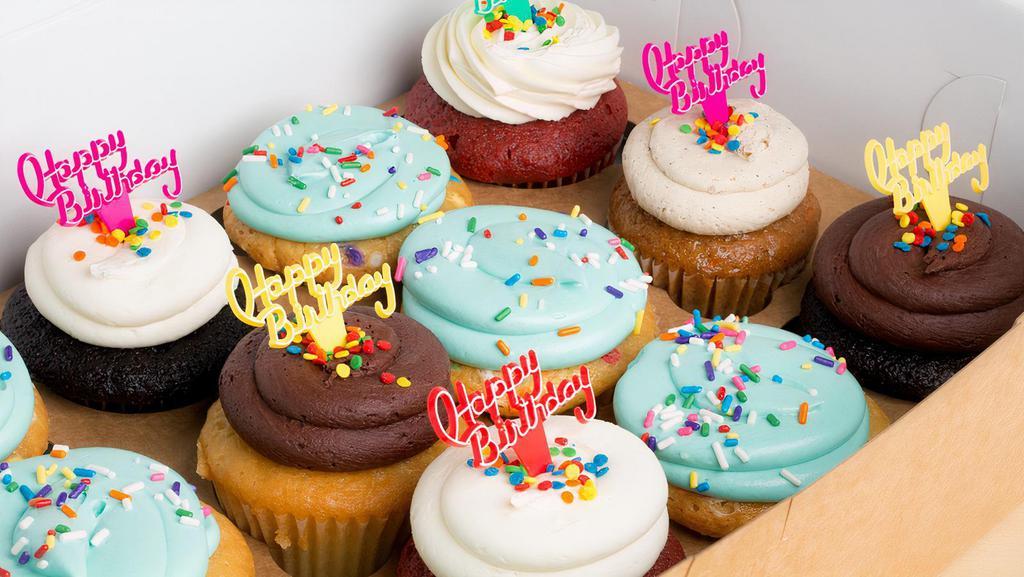 Happy Birthday Dozen Box · A collection of six of our cake batter center-filled cupcakes and six of our classic 