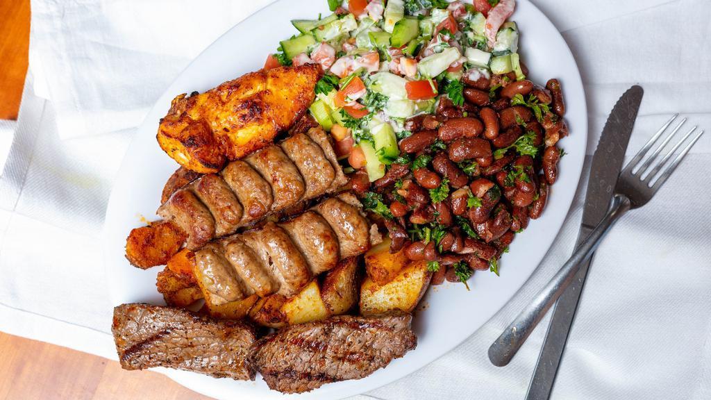 Combo Plate · Can't decide? Try our combo platter! Lula, chicken, steak, pork kabob (any three).
