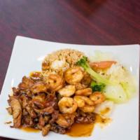 Chicken & Shrimp Teriyaki · Shrimp and chicken, with mixed vegetables and steamed or fried rice. 700 calories.