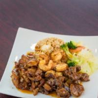 Chicken, Beef, & Shrimp · Chicken, beef, and shrimp teriyaki, with mixed vegetables and steamed or fried rice. 785 cal...