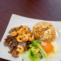 Beef & Shrimp Teriyaki · Shrimp and beef served with mixed vegetables and your choice of rice or noodles. 630 calories.