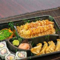 Shrimp Bento · Shrimp with rice, seaweed salad, gyoza, and a California roll. 690 calories.