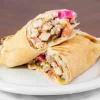 Chicken Shawarma Wrap · Mediterranean pickles, garlic sauce, and tortilla wrap.