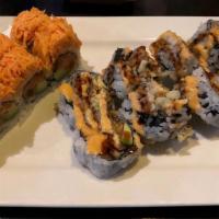 Box 5 : Sushi · California roll, three pieces sushi (tuna, salmon, shrimp), seaweed salad, tonkatsu and salm...