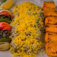 Salmon · Large skewer of salmon filet lightly marinated and charbroiled, served with charbroiled vege...