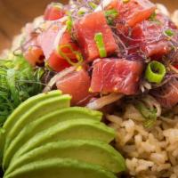 Rainbow Bowl · Season salmon yellowtail, mix with cilantro, avocado, mango, squid, salad, cucumber (spicy m...