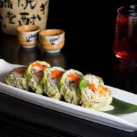 Omg · Broiled eel, crabmeat and cream-cheese tempura fried, topped with layer avocado, peach sauce...