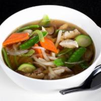 Chicken Udon Soup · Chicken, mushroom, zucchini, bean sprout, bell pepper, and onion.