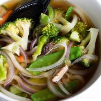 Vegetable Udon Soup · Vegetarian. Broccoli, mushroom, zucchini, bean sprout, bell pepper, and onion.