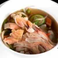Seafood Udon Soup · Salmon, scallop, fresh shrimp and crabmeat with mushroom, zucchini, bean sprout, bell pepper...