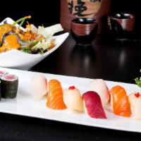Sushi B · Eight pieces of nigiri sushi and tuna roll.