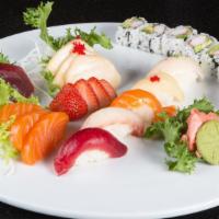 Sushi Sashimi Combo · Five pieces nigiri sushi, nine pieces sashimi, California roll.