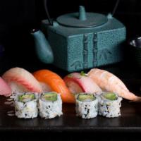 Sushi A · Six pieces of nigiri sushi and California roll.