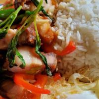 Stir Fry Basil With Rind Pork · Pad KraPow with Rind Pork. Comes with a side of rice.
