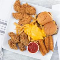 Sampler Platter · Includes: cheese fries, (two) sliders, mozzarella sticks, chicken strips, and (four) wings.