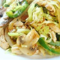 Green Cabbage · Chicken or steak sautéed with sliced cabbage, jalapeños, mushrooms, onion, garlic, served wi...