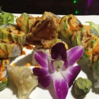 Angel Roll (10 Pieces) · Fully cooked. Lobster tempura, lettuce topped with crab meat, avocado, tobiko, spicy mayo, m...