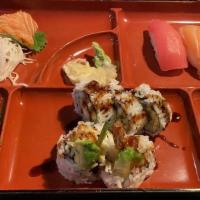 Bento C · Sushi rice, three tuna sashimi, tuna sushi, salmon sushi, white fish sushi, shrimp tempura r...