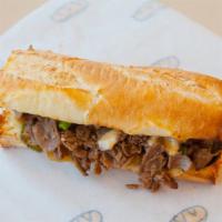Philly Cheesesteak (Super) · Sirloin steak, provolone, caramelized onions and sautéed bell peppers.