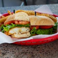 Fish Sandwich · Our lightly battered cod filet, deep-fried and served with lettuce, tomato and tartar sauce ...
