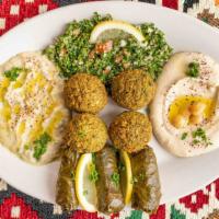 Falafel Platter · Includes hummus and side of Jerusalem salad. Served with rice, grilled onion, pepper, tomato...