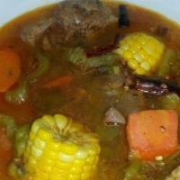 Caldo De Res / Homemade Beef Soup · Caldo de res casero servido con carne de pierna y costilla, zanahorias, apio, papas y mazorc...