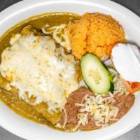 Enchiladas Verdes / Green Enchiladas · Three enchiladas filled with your choice of meat and topped with green tomatillo sauce, melt...