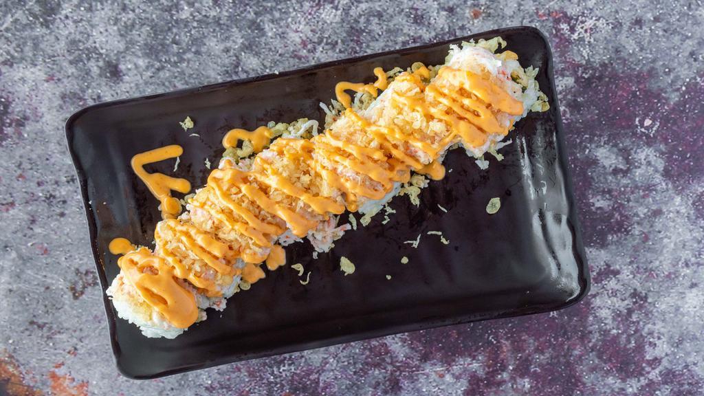Spicy Cowboy Roll · Spicy. Tempura shrimp, crabmeat, spicy sauce, avocado, Japanese mayo, tempura flakes and eel sauce. Cooked.
