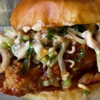 Gochujang Fried Chicken Sammy · Ramen Slaw, Kimchi, Sambal Aioli