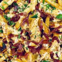 Loaded Fries · Crispy french fries topped them with our five-cheese sauce, crispy bacon pieces and chives.