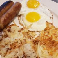 Sausage And Cheese Omelette · Made with three farm-fresh eggs. Includes hash browns and choice of side. Add substitute for...