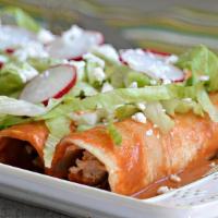 Enchiladas · Four Enchiladas filled with cheese, options of chorizo, and potatoes or cecina on the side.