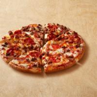 Meaty Max® (Large) · Cal. 500/Slice. Italian sausage, pepperoni, bacon, ham, beef, mozzarella and cheddar cheese.