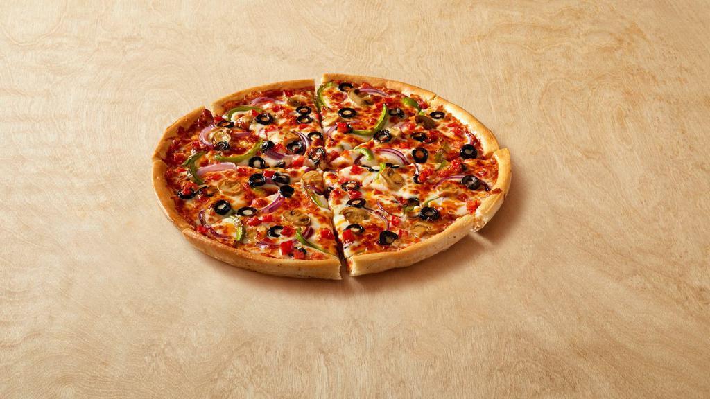Veggie Max® (Medium) · Cal. 350/Slice. Onions, black olives, green bell peppers, tomatoes, mushrooms, cheddar and mozzarella cheese.