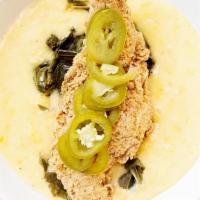 Fish & Grits Bowl · 1/4 lb Fried Catfish, Cheese Grits, Collard Greens w/Smoked Chicken & Pickled Hot Peppers.