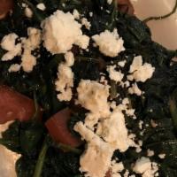 Sauteed Spinach · 12oz. portion of fresh spinach sauteed in olive oil and garlic, topped with tomato and Feta ...
