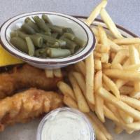 Fish And Chips · 3 pieces of battered alaskan cod served with potatoes and veggies.